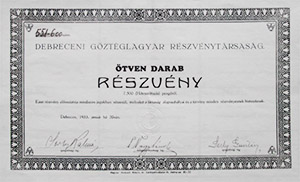 Debreceni Gztglagyr Rszvnytrsasg 50 rszvny 7500 peng 1933