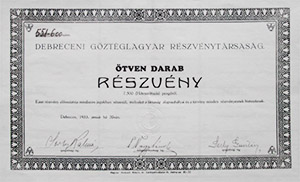 Debreceni Gőztéglagyár Részvénytársaság 50 részvény 7500 pengő 1933
