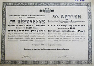 Dunaharaszti Cementru- s Mszhomoktglagyr Rszvnytrsasg rszvny 500x15 7500 peng 1928