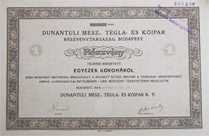 Dunntli Msz, Tgla- s Kipar Rszvnytrsasg rszvny 1000 korona 1922