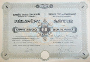 Egyesült Tégla- és Cementgyár Részvénytársaság részvény 60 pengő 1926