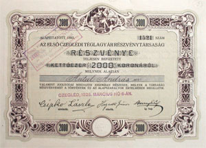 Első Czeglédi Téglagyár Részvénytársaság részvény 2000 korona 1925 Cegléd