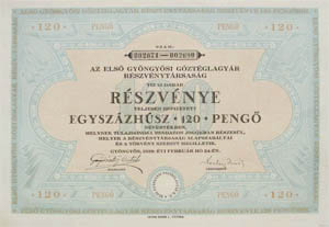 Első Gyöngyösi Gőztéglagyár Részvénytársaság 120 pengő 1929
