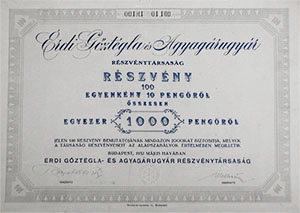 rdi Gztgla- s Agyagrugyr Rszvnytrsasg rszvny 100x10 1000 peng 1932