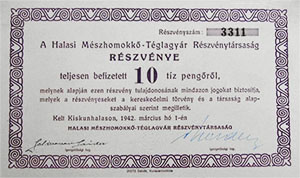 Halasi Mszhomokk-Tglagyr Rszvnytrsasg rszvny 10 peng 1942 Kiskunhalas