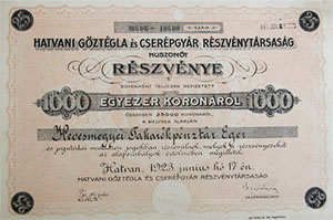 Hatvani Gztgla- s Cserpgyr Rszvnytrsasg rszvny 1000 korona 1923 Hatvan