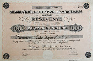 Hatvani Gőztégla- és Cserépgyár Részvénytársaság részvény 1000 korona 1923 Hatvan