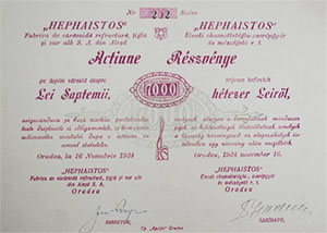 Hephaistos Élesdi Chamottégla-, Cserépgyár és Mészégető Részvénytársaság részvény 7000 lei 1934 Nagyvárad