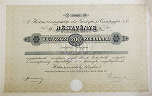 Hdmezvsrhelyi Els Gztgla- s Cserpgyr  rszvnytrsasg rszvny  200 korona 1917