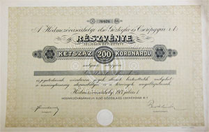 Hódmezővásárhelyi Első Gőztégla- és Cserépgyár részvénytársaság részvény 200 korona 1917