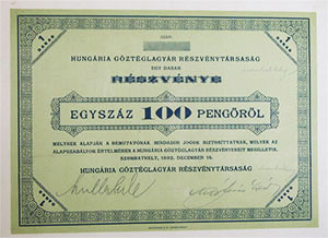 Hungria Gztglagyr Rszvnytrsasg rszvny 100 peng 1932 Szombathely
