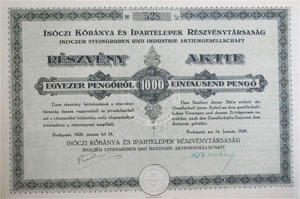 Inczi Kbnya- s Ipartelepek Rszvnytrsasg rszvny 1000 peng 1928
