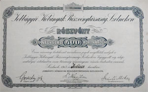 Jobbgyii Kbnyk Rszvnytrsasg Szolnokon rszvny 400 korona 1913 Szolnok