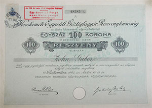 Kecskemti Egyeslt Gztglagyr Rszvnytrsasg rszvny 100 korona 1902