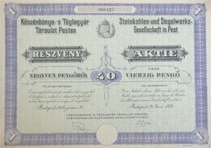 Kőszénbánya és Téglagyár Társulat Pesten részvény 40 pengő 1939