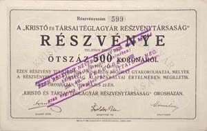 Krist s Trsai Tglagyr Rszvnytrsasg rszvny 500 korona 1920 Oroshza
