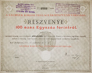 Lechner Rkosi Tglagyr Rszvnytrsasg rszvny 100 forint 1895