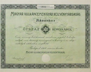 Magyar Vulkncementgyr Rszvnytrsasg rszvny 500 korona 1909