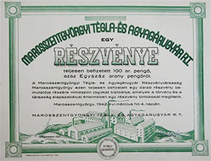 Marosszentgyrgyi Tgla- s Agyagrugyr Rszvnytrsasg rszvny 100 arany peng  1942
