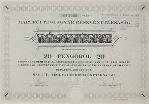 Martfi Tglagyr Rszvnytrsasg rszvny 20 peng 1926