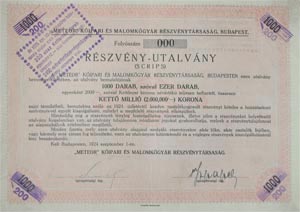 Meteor Kipari s Malomkgyr Rszvnytrsasg rszvny-utalvny 2000000 korona 1924