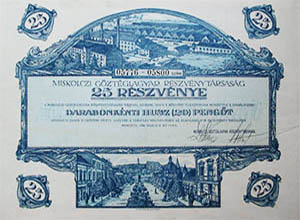 Miskolczi Gőztéglagyár Részvénytársaság részvény 25x20 pengő 1926 Miskolc