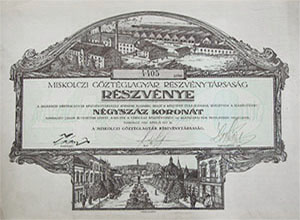 Miskolczi Gztglagyr Rszvnytrsasg  rszvny 400  korona 1920 Miskolc