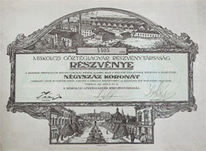 Miskolczi Gőztéglagyár Részvénytársaság részvény 400 korona 1920 Miskolc