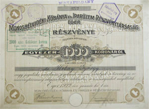 Monosblvidki Kbnya s Iparzem Rszvnytrsasg rszvny 1000 korona 1922 Eger