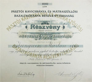 Pszti Kavicsbnya s Mtraszllsi Bazaltkbnya Rszvnytrsasg rszvny 400 korona 1910 Hatvan