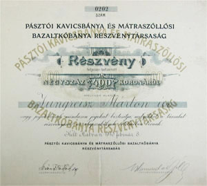 Pásztói Kavicsbánya és Mátraszőllősi Bazaltkőbánya Részvénytársaság részvény 400 korona 1910 Hatvan
