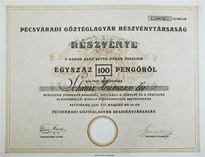 Pcsvradi Gztglagyr Rszvnytrsasg rszvny  2x50 100 peng 1926 Pcsvrad