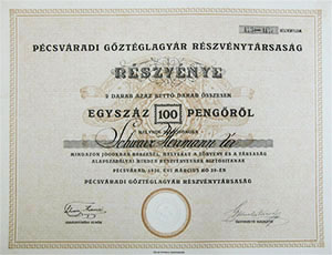 Pécsváradi Gőztéglagyár Részvénytársaság részvény 2x50 100 pengő 1926 Pécsvárad