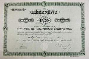Perczel s Vidke Gztgla- s Cserpgyr Rszvnytrsasg rszvny 200 korona 1911