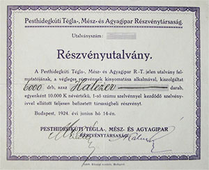 Pesthidegkuti Tgla-, Msz- s Agyagipar Rszvnytrsasg rszvny  10000 korona 1924
