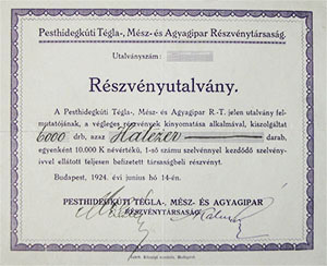 Pesthidegkuti Tégla-, Mész- és Agyagipar Részvénytársaság részvény 10000 korona 1924