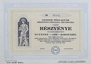 Sándor Téglagyár Részvénytársaság Hevesugra részvény 1000 korona 1924 Ludas MINTA