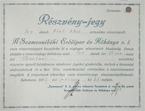 Szamosvidki Erdipar s Kbnya Rszvnytrsasg rszvny-jegy 50000 lei 1929 Szatmrnmeti