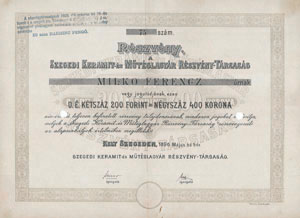 Szegedi Keramit- s Mtglagyr Rszvnytrsasg rszvny 200 forint 400 korona 1896