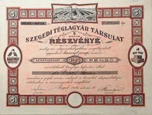 Szegedi Tglagyr Trsulat rszvny 5x25 125 peng 1926