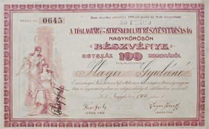 Téglagyár és Kereskedelmi Részvénytársaság Nagykőrösön részvény 100 korona 1906
