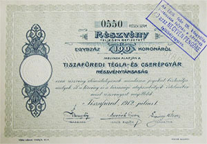 Tiszafredi Tgla- s Cserpgyr Rszvnytrsasg rszvny 100 korona 1912 Tiszafred