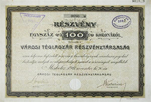 Vrosi Tglagyr Rszvnytrsasg Miskolcz rszvny 100 korona 1911 Miskolc