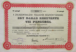 Zalaszentbalázsi Táglagyár Részvénytársaság részvény 10 pengő 1927