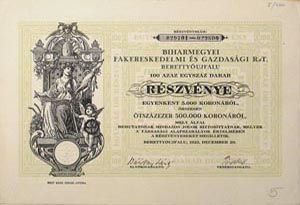 Biharmegyei Fakereskedelmi s Gazdasgi Rszvnytrsasg rszvny 100x5000 500000 korona 1923