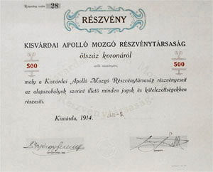 Kisvrdai Apoll Mozg Rszvnytrsasg 500 korona 1914