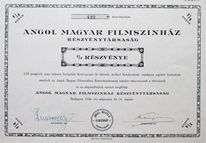 Angol Magyar Filmsznhz Rszvnytrsasg 1/4 rszvny 1936