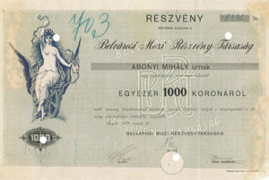 Belvrosi Mozi Rszvnytrsasg rszvny 1000 korona 1919 Szeged