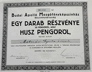 Budai Apoll Mozgfnykpsznhz Rszvnytrsasg rszvny 20 peng 1941