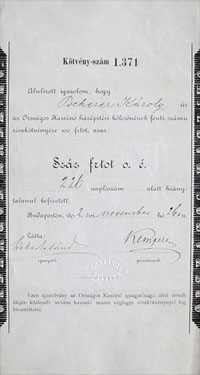 Orszgos Kaszin ktvny igazols 100 forint 1892